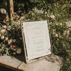 minimalist tea party birthday invitation with pink bow frame and line art illustrations