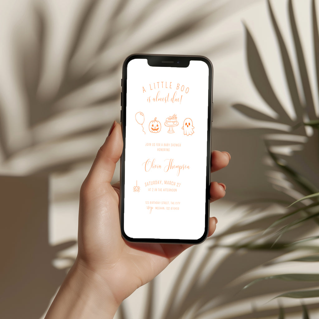 minimalist halloween baby shower invitation with orange line art pumpkin ghost and “little boo is almost due” text