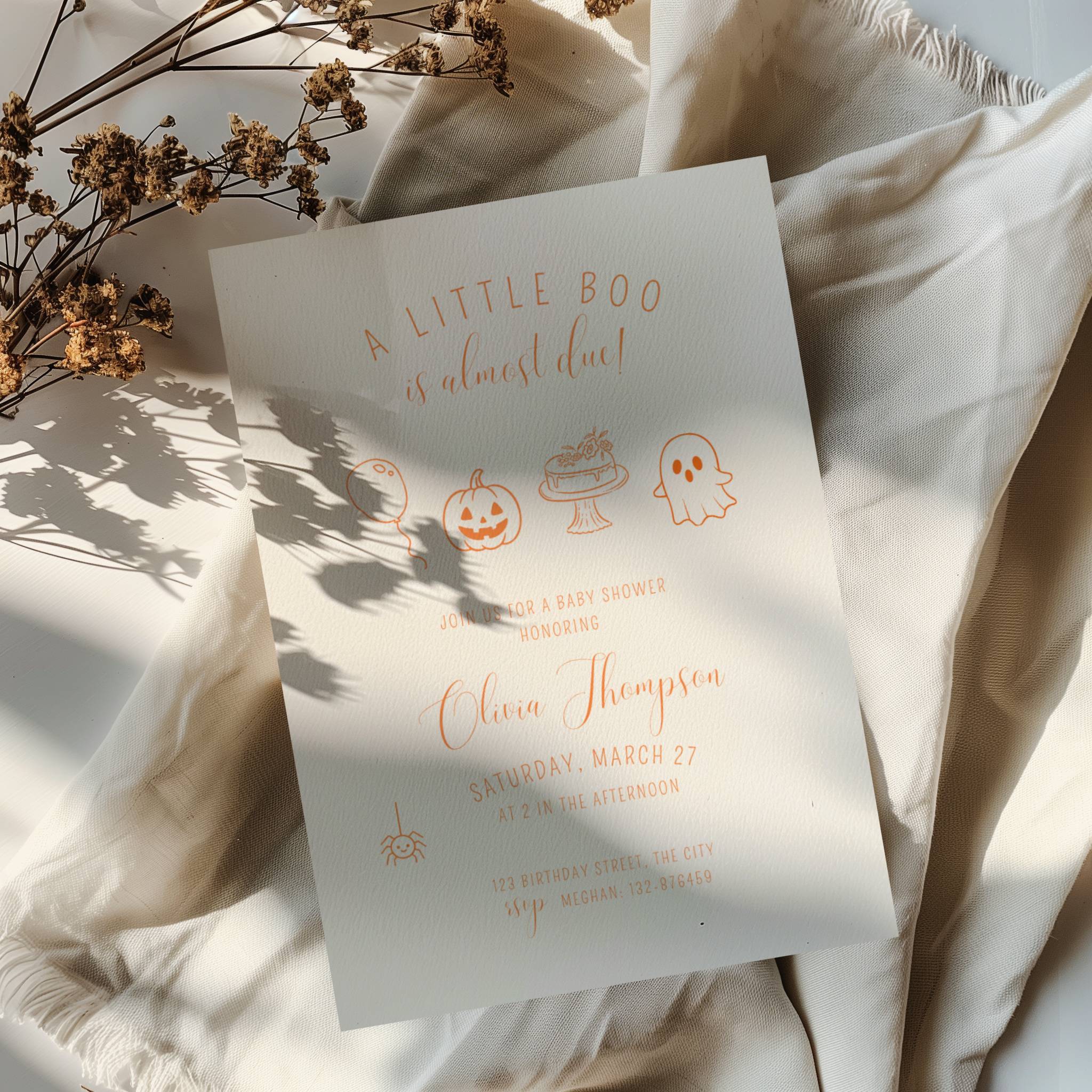 minimalist halloween baby shower invitation with orange line art pumpkin ghost and “little boo is almost due” text