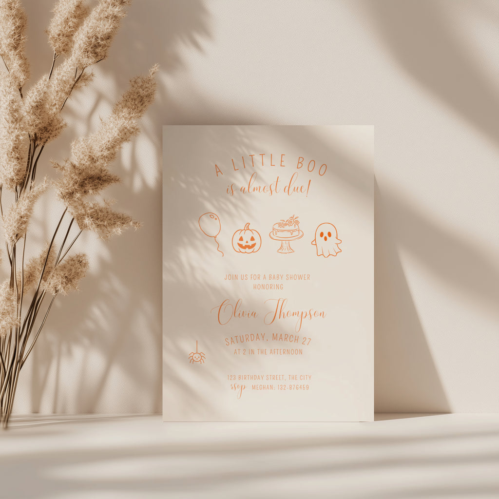 minimalist halloween baby shower invitation with orange line art pumpkin ghost and “little boo is almost due” text