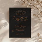 dark halloween baby shower invitation with orange line art pumpkin ghost and “little boo is almost due” text