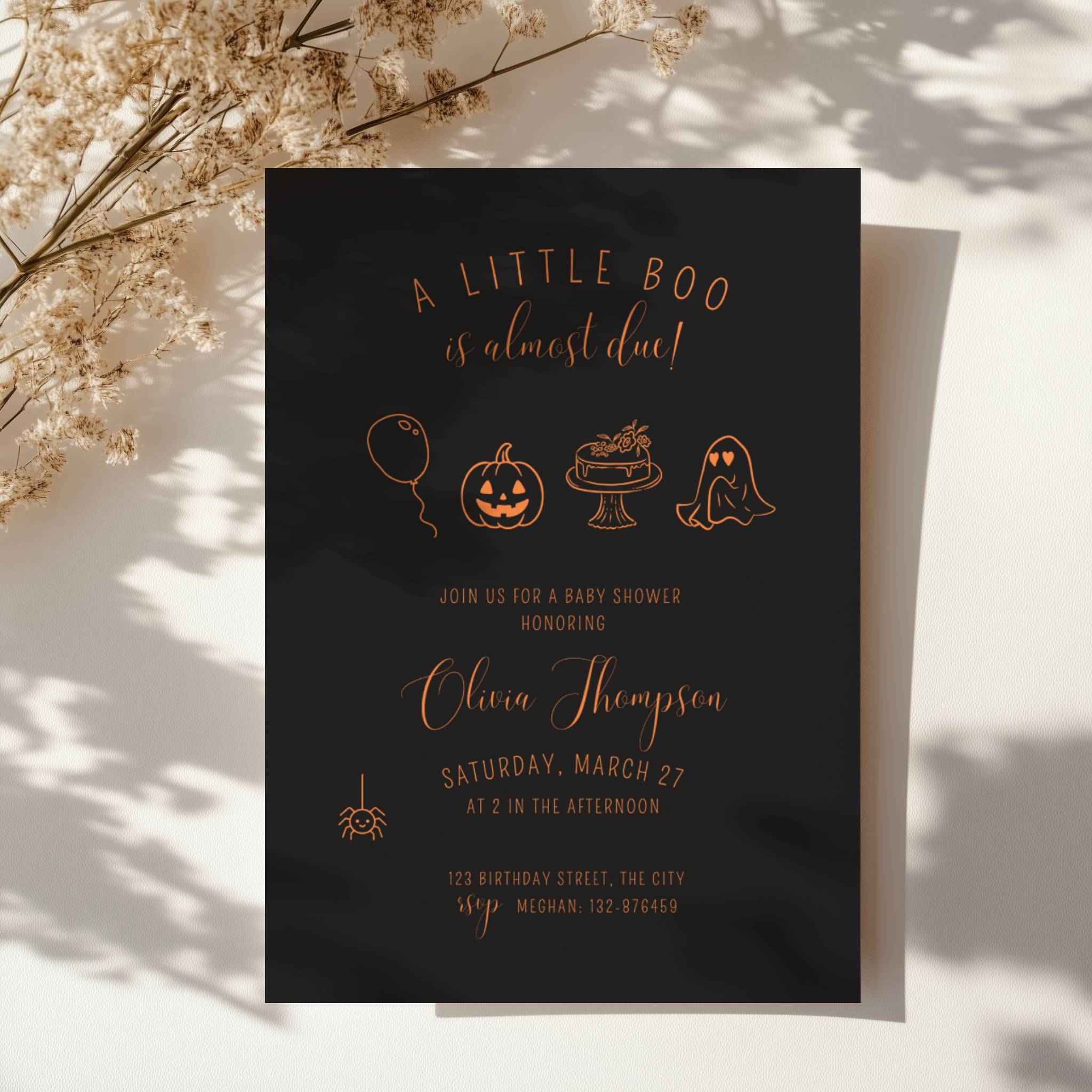 dark halloween baby shower invitation with orange line art pumpkin ghost and “little boo is almost due” text