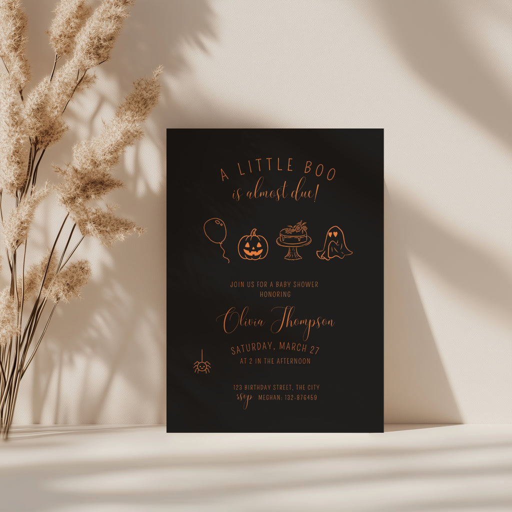dark halloween baby shower invitation with orange line art pumpkin ghost and “little boo is almost due” text