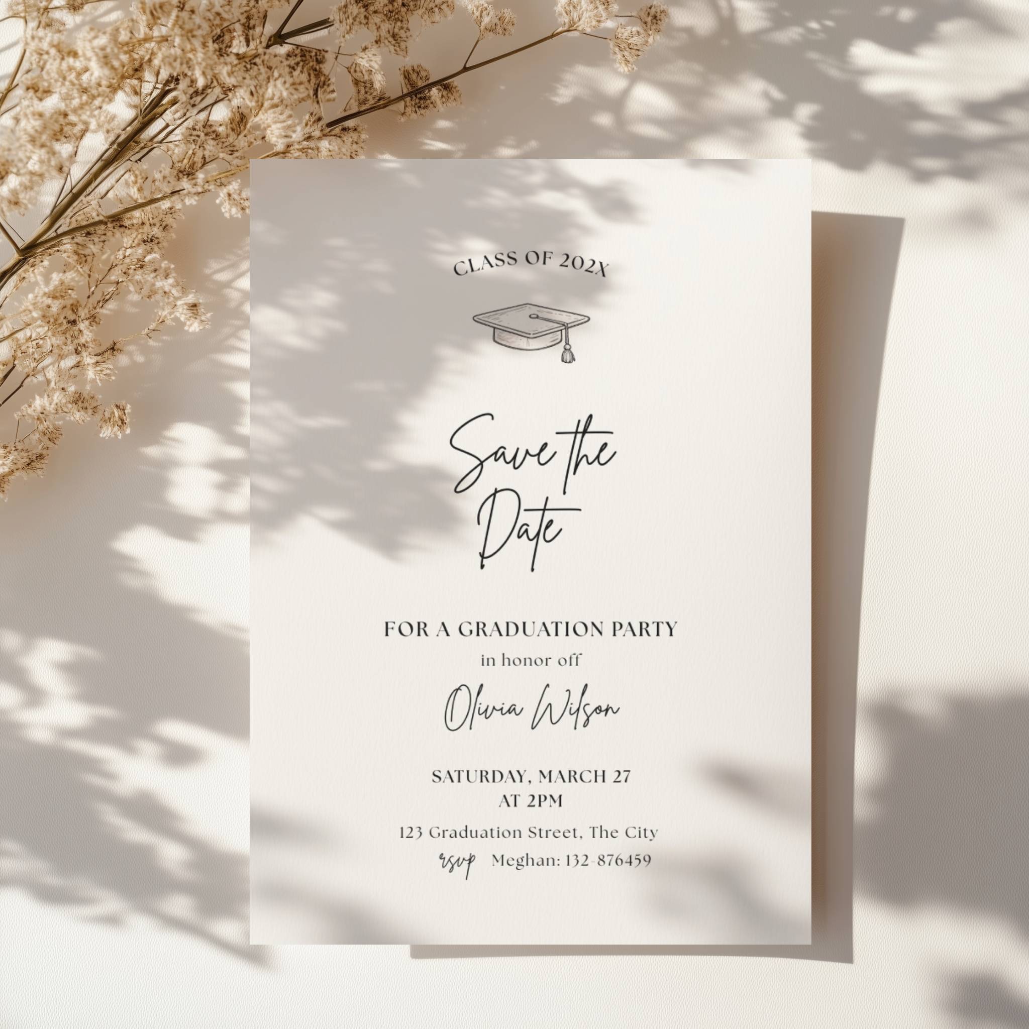 minimalist graduation save the date invitation with script text and graduation cap illustration