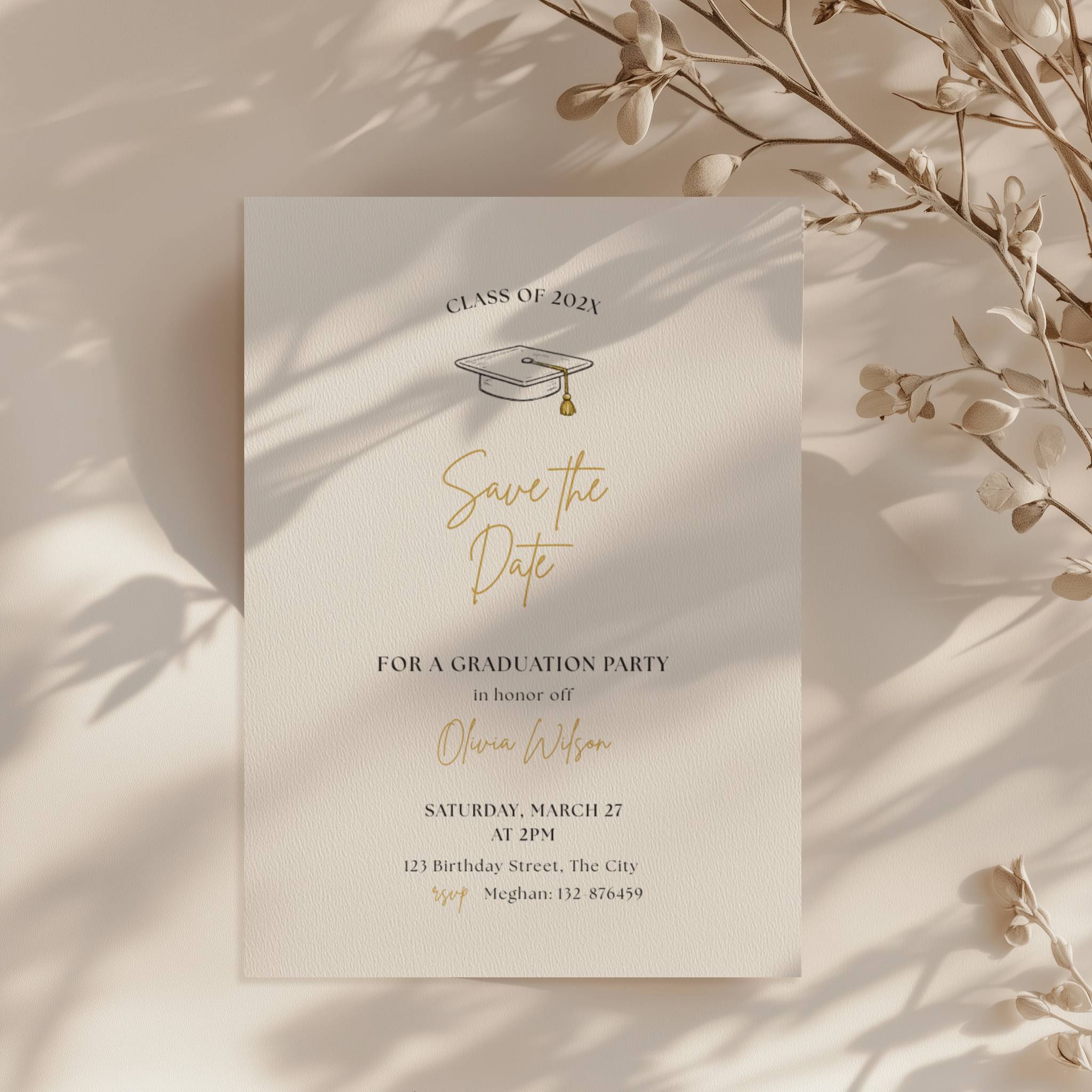 minimalist graduation save the date invitation with gold script text and graduation cap illustration