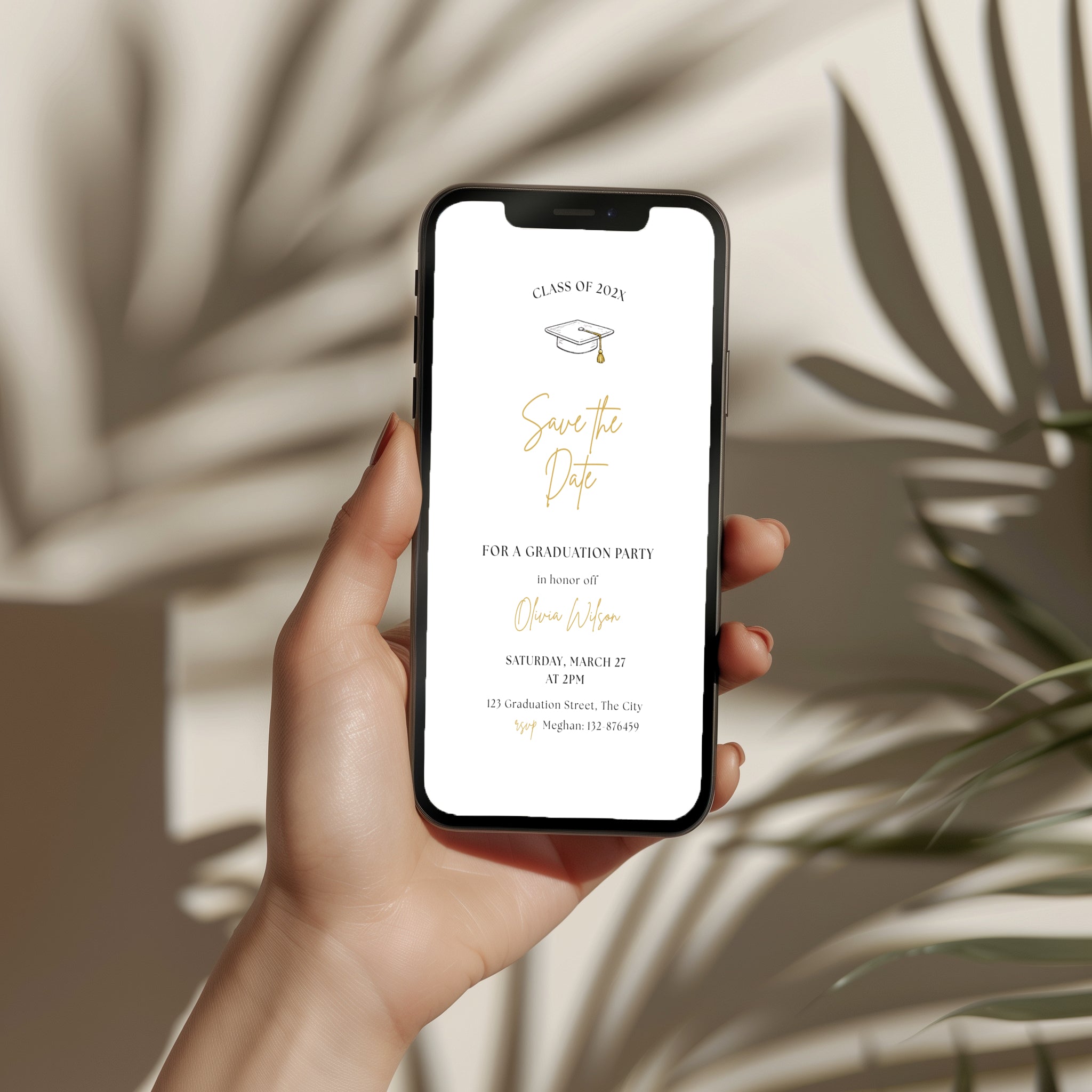 minimalist graduation save the date invitation with gold script text and graduation cap illustration
