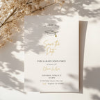 minimalist graduation save the date invitation with gold script text and graduation cap illustration