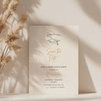 minimalist graduation save the date invitation with gold script text and graduation cap illustration