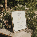 minimalist graduation save the date invitation with gold script text and graduation cap illustration