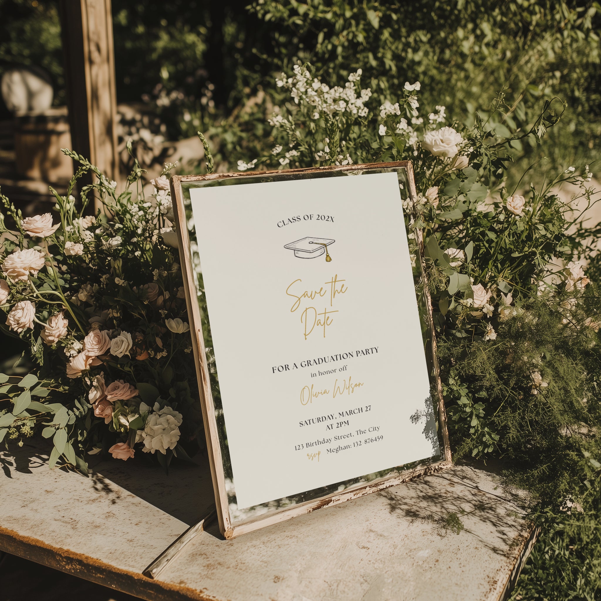 minimalist graduation save the date invitation with gold script text and graduation cap illustration