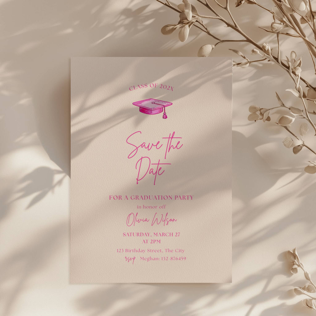 hot pink graduation save the date invitation with script text and graduation cap illustration