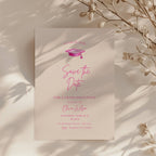 hot pink graduation save the date invitation with script text and graduation cap illustration