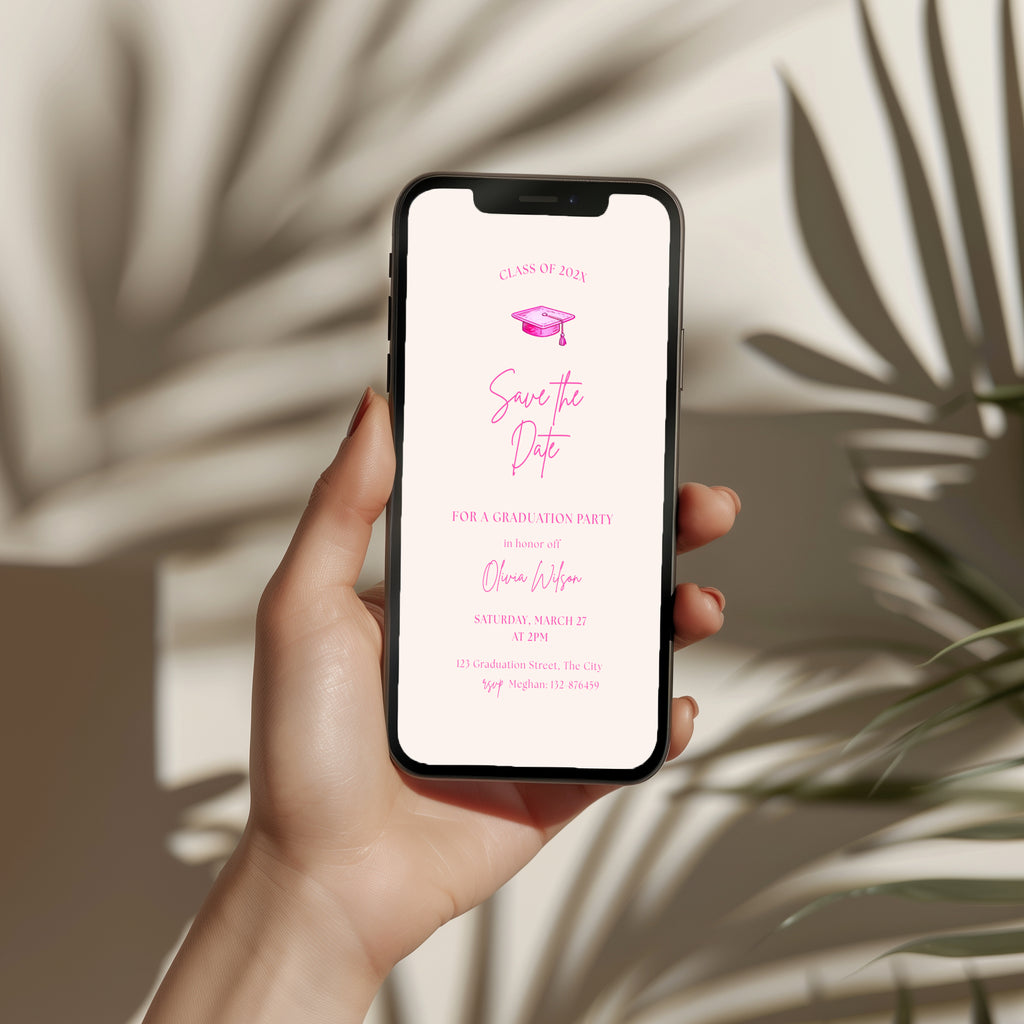 hot pink graduation save the date invitation with script text and graduation cap illustration