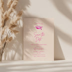 hot pink graduation save the date invitation with script text and graduation cap illustration