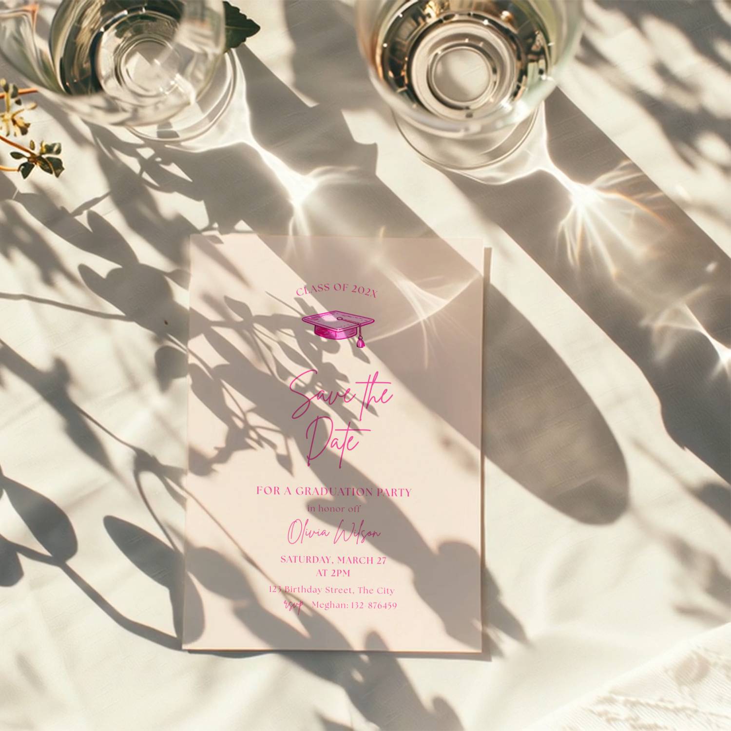 hot pink graduation save the date invitation with script text and graduation cap illustration