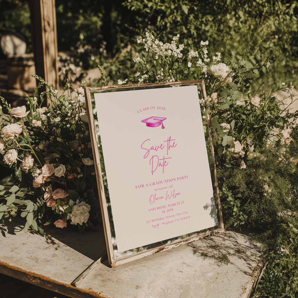 hot pink graduation save the date invitation with script text and graduation cap illustration