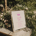 hot pink graduation save the date invitation with script text and graduation cap illustration