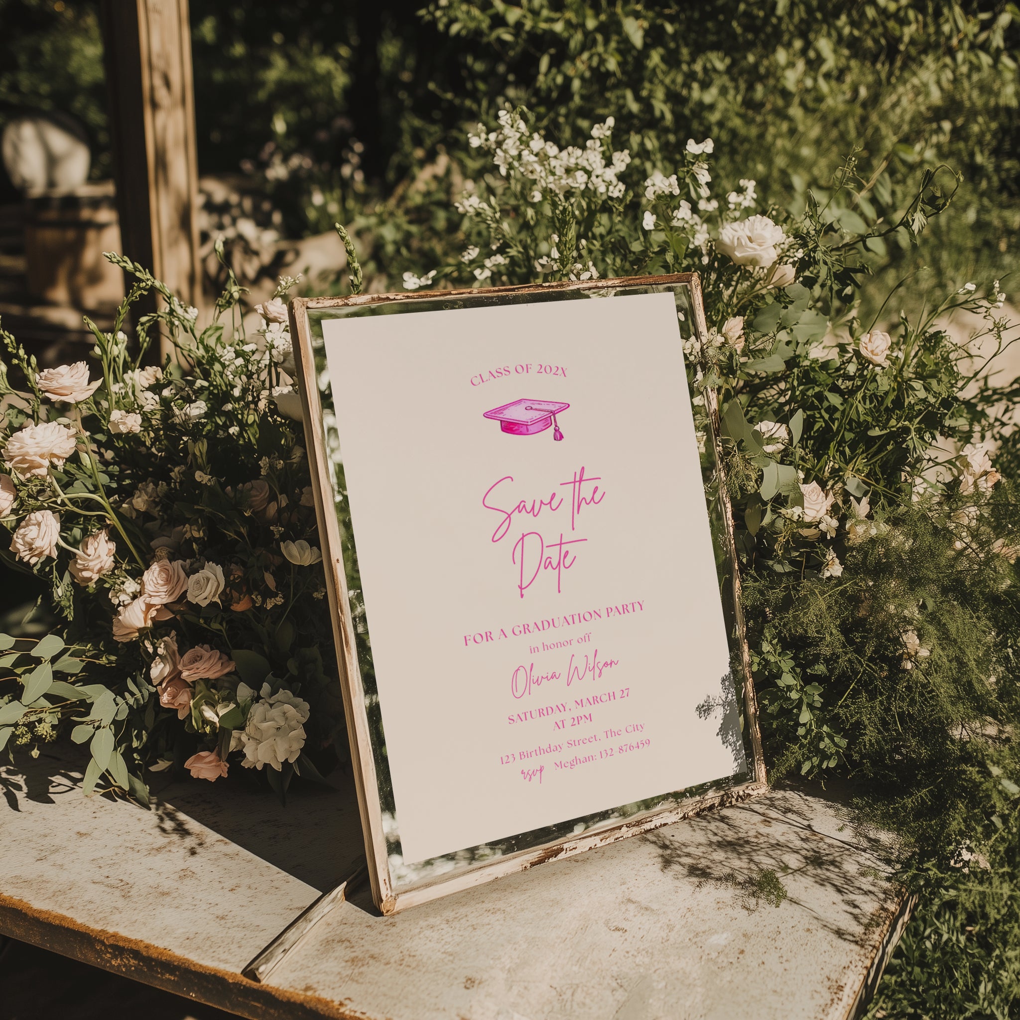 hot pink graduation save the date invitation with script text and graduation cap illustration