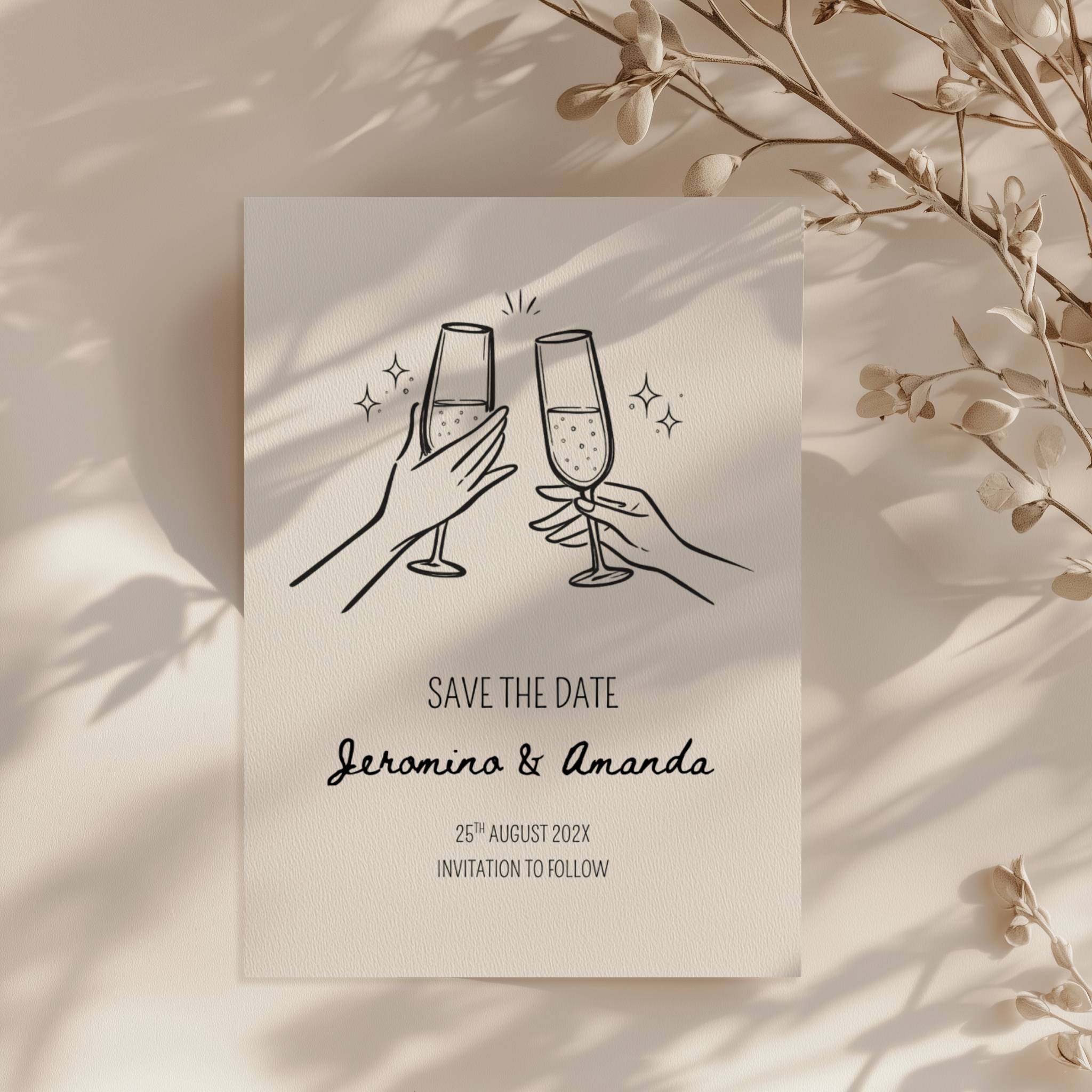 minimalist save the date invitation with champagne glasses toast line drawing and script names