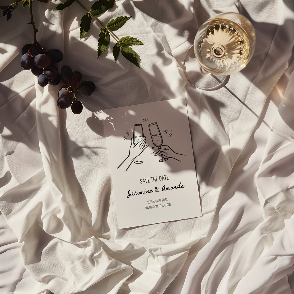 minimalist save the date invitation with champagne glasses toast line drawing and script names