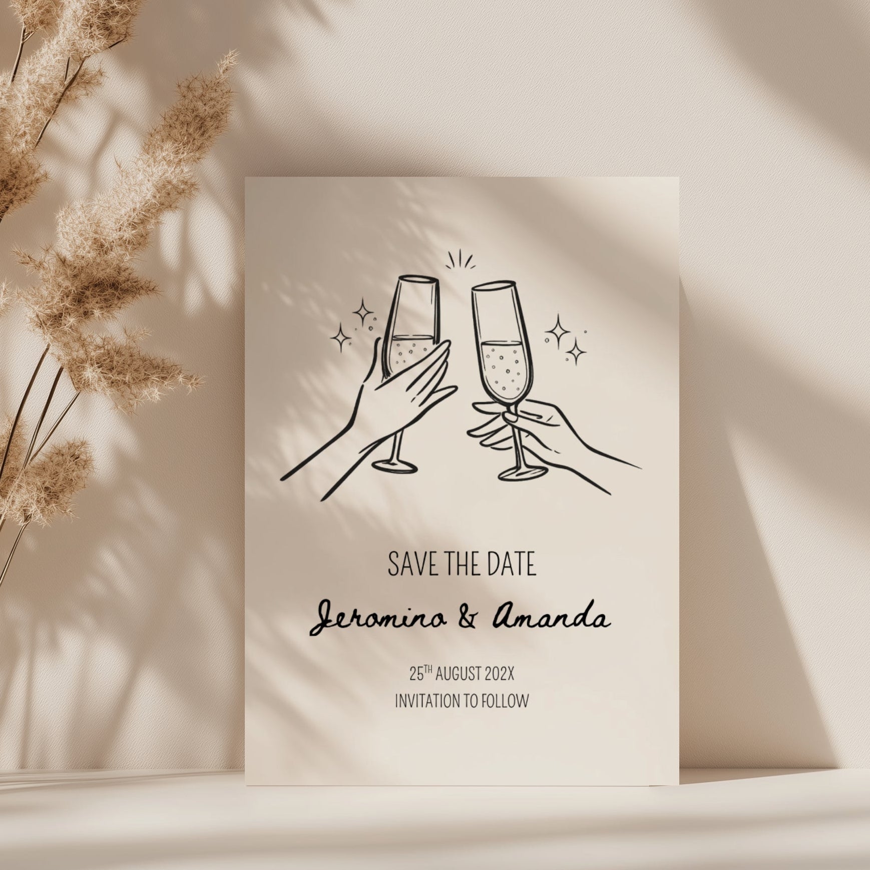minimalist save the date invitation with champagne glasses toast line drawing and script names