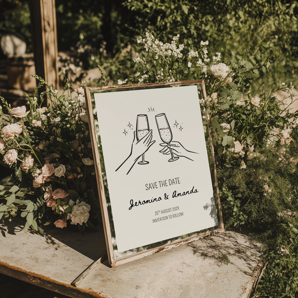 minimalist save the date invitation with champagne glasses toast line drawing and script names