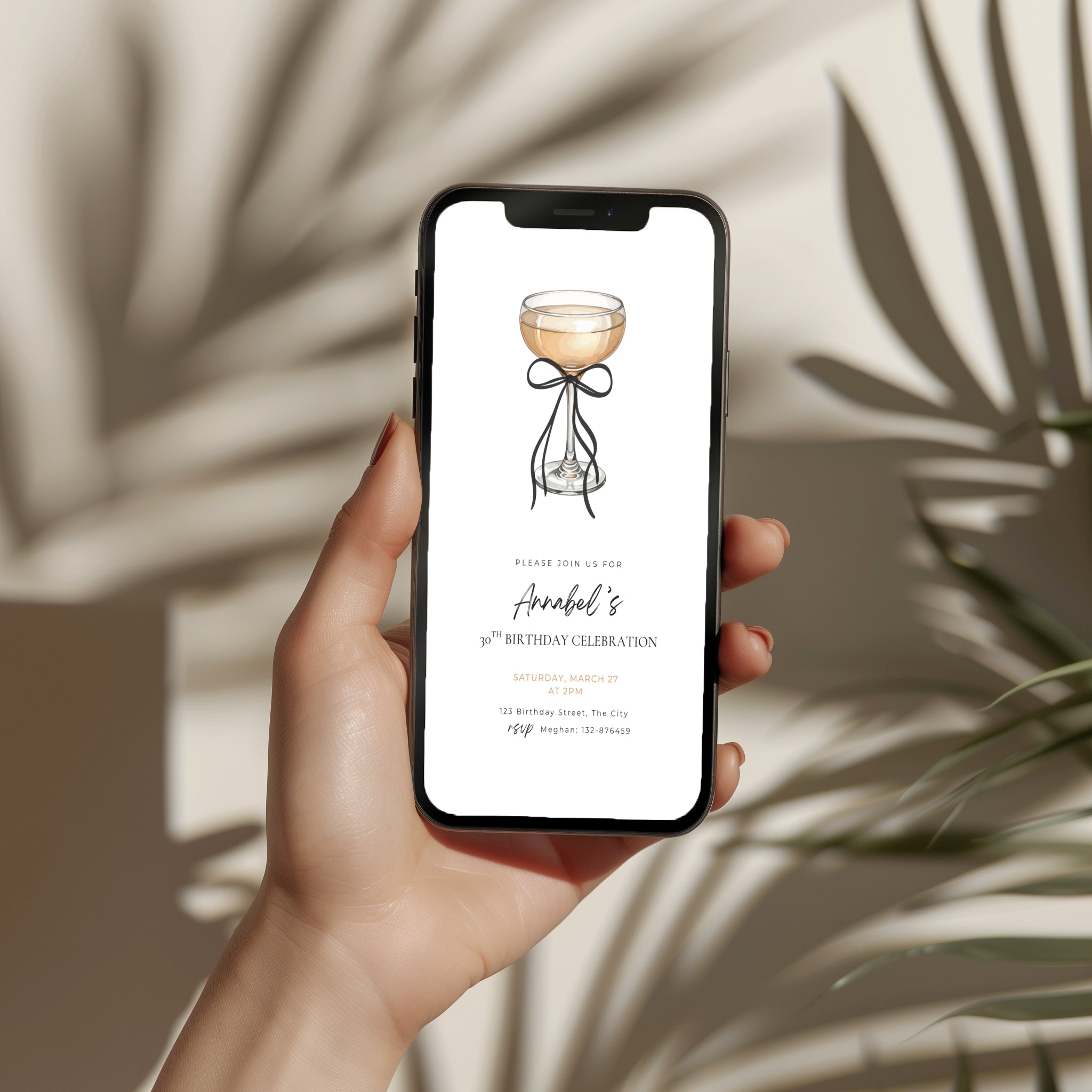 black bow minimalist 30th birthday invitation with champagne glass illustration and elegant typography