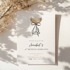black bow minimalist 30th birthday invitation with champagne glass illustration and elegant typography