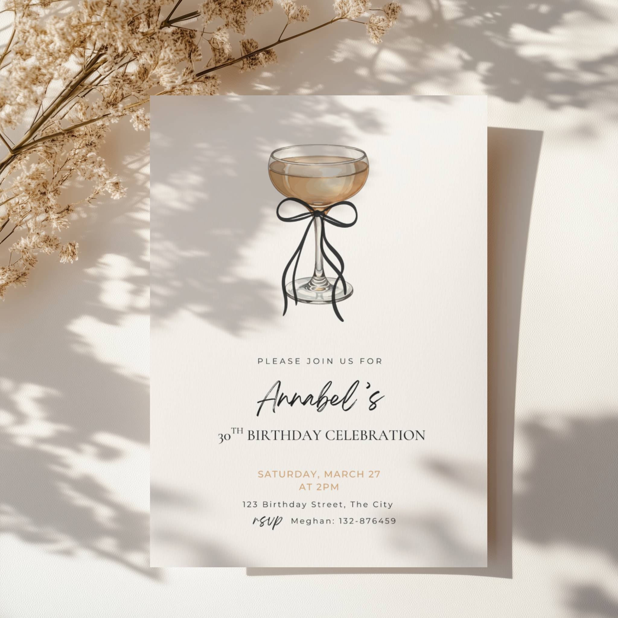 black bow minimalist 30th birthday invitation with champagne glass illustration and elegant typography