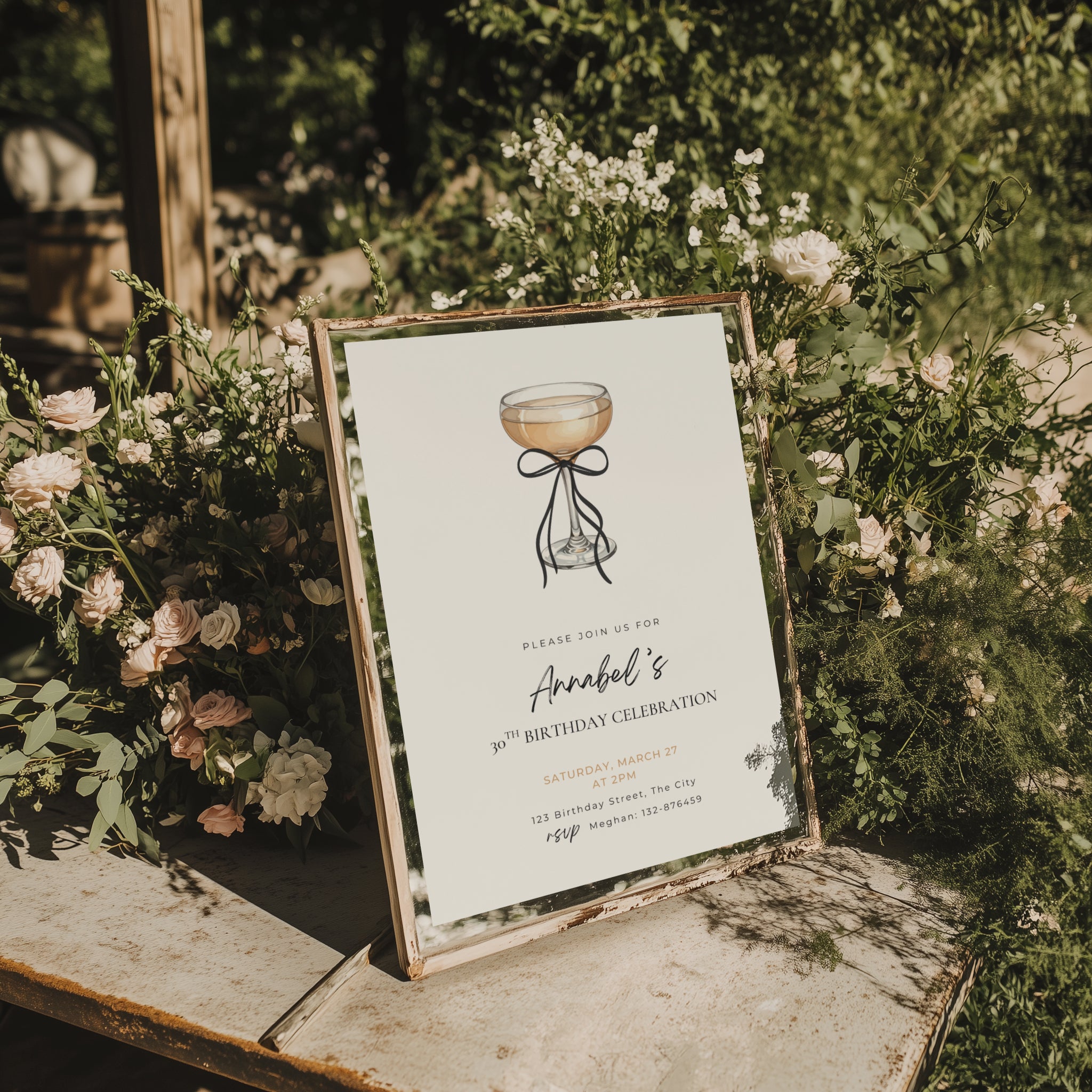 black bow minimalist 30th birthday invitation with champagne glass illustration and elegant typography