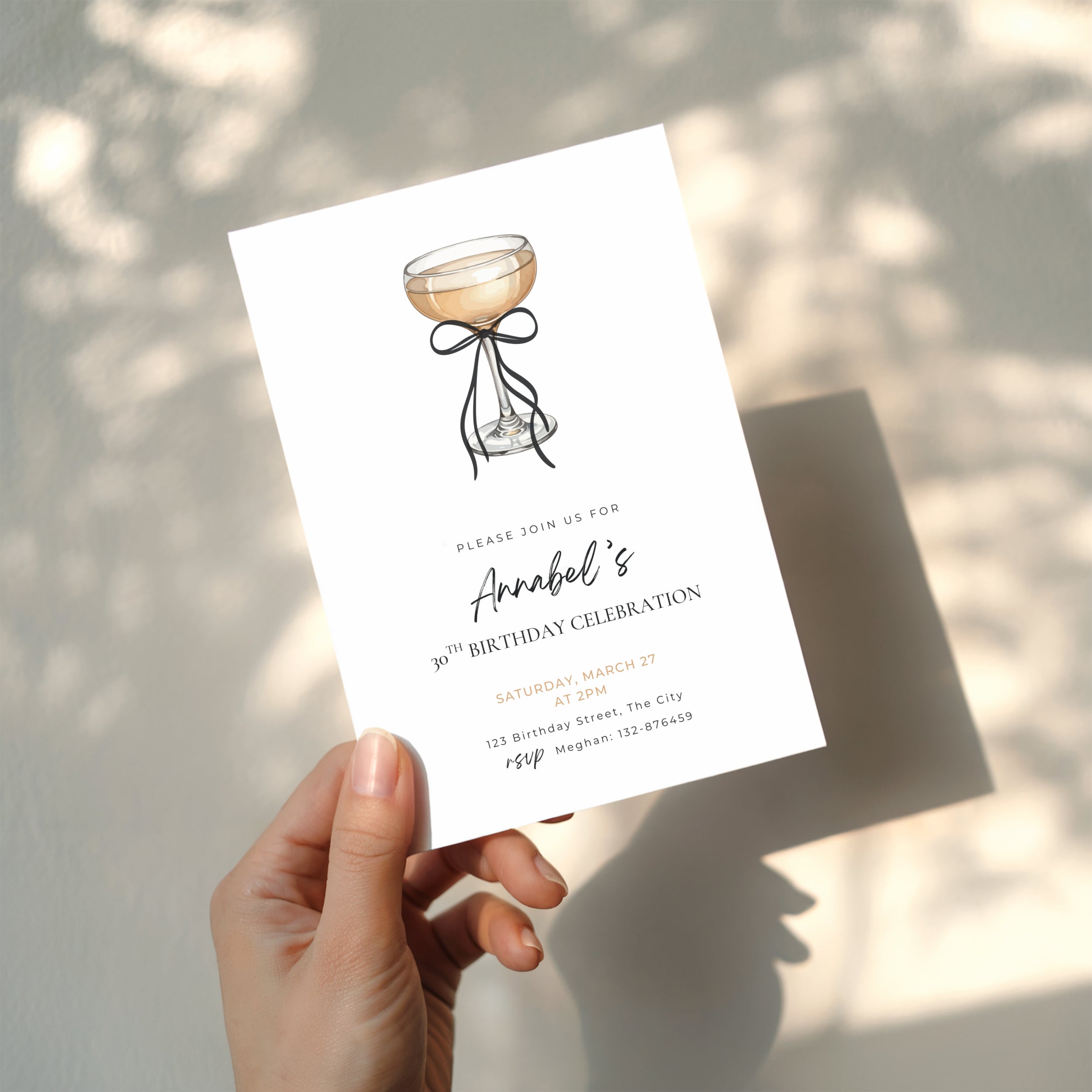 black bow minimalist 30th birthday invitation with champagne glass illustration and elegant typography
