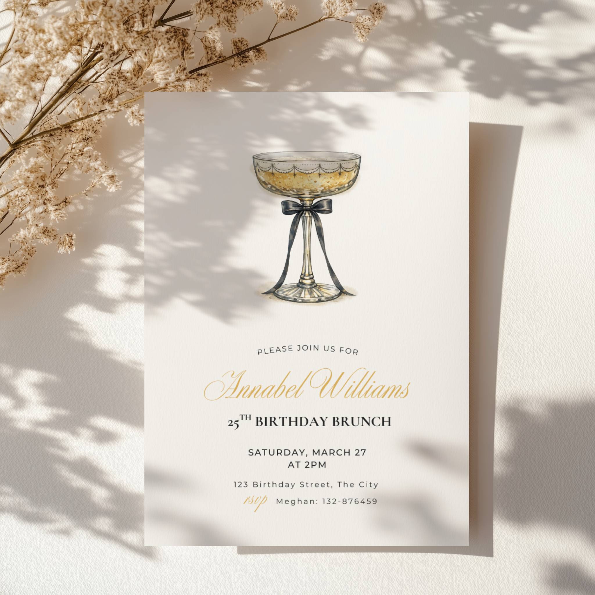 elegant 25th birthday brunch invitation with champagne glass and black bow illustration and gold script text