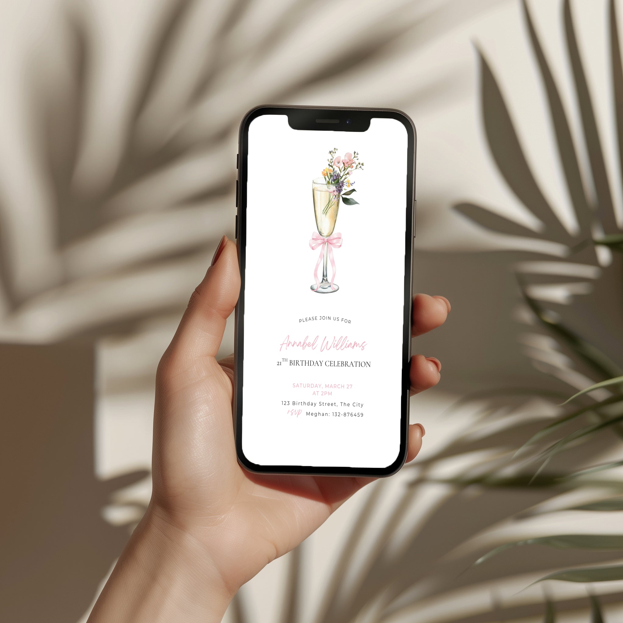 elegant 21st birthday invitation with champagne flute, flowers, and pink bow design