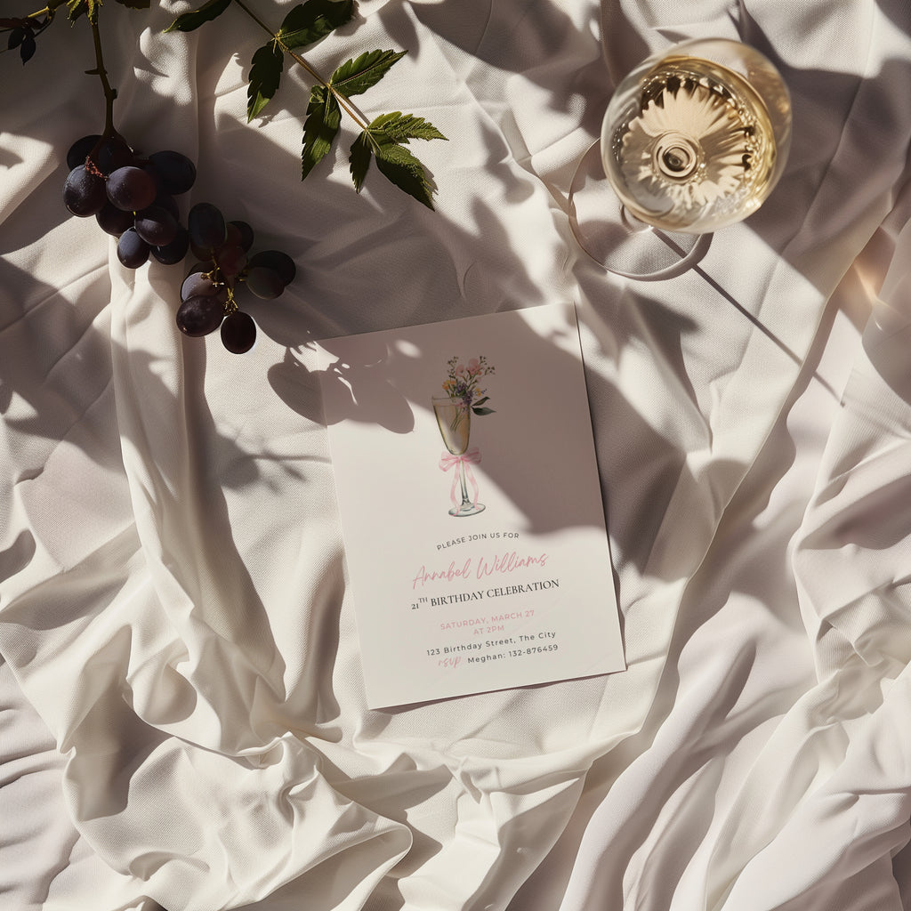 elegant 21st birthday invitation with champagne flute, flowers, and pink bow design