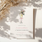 elegant 21st birthday invitation with champagne flute, flowers, and pink bow design