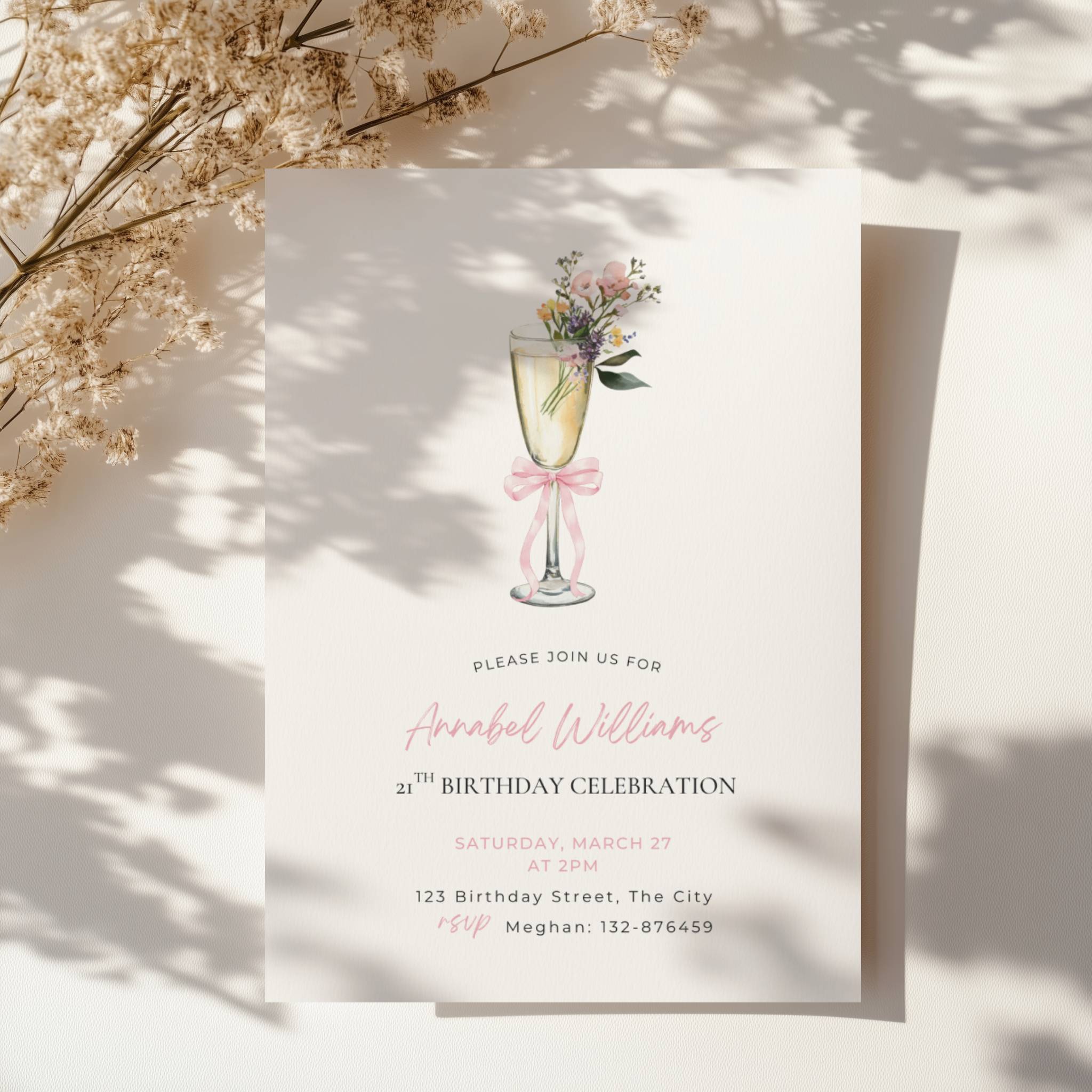 elegant 21st birthday invitation with champagne flute, flowers, and pink bow design