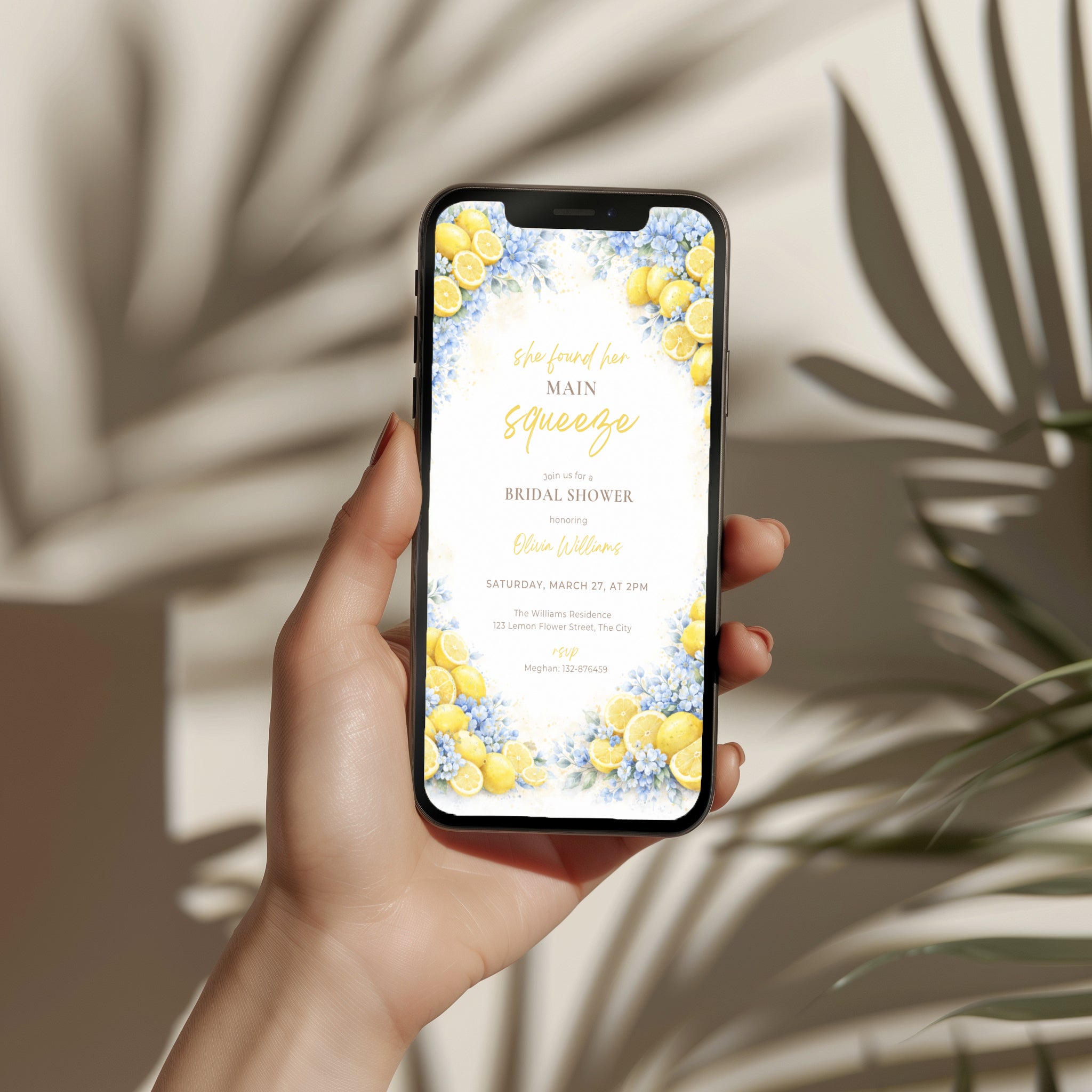 lemon bridal shower invitation with blue flowers and “main squeeze” text design
