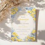 lemon bridal shower invitation with blue flowers and “main squeeze” text design