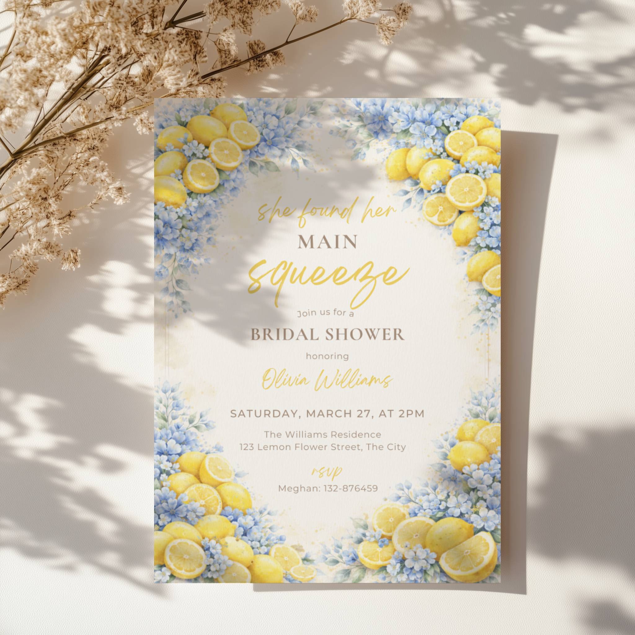 lemon bridal shower invitation with blue flowers and “main squeeze” text design