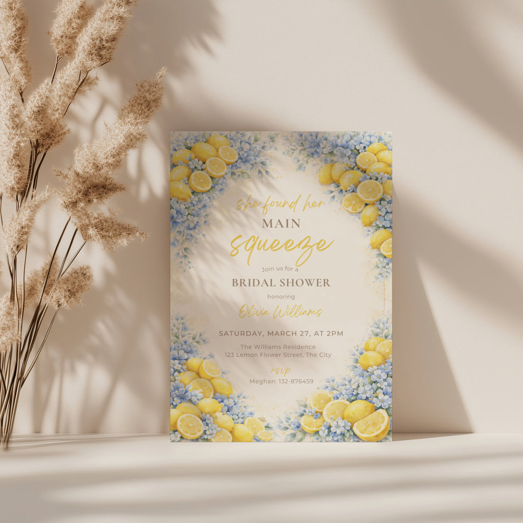 lemon bridal shower invitation with blue flowers and “main squeeze” text design