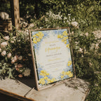 lemon bridal shower invitation with blue flowers and “main squeeze” text design