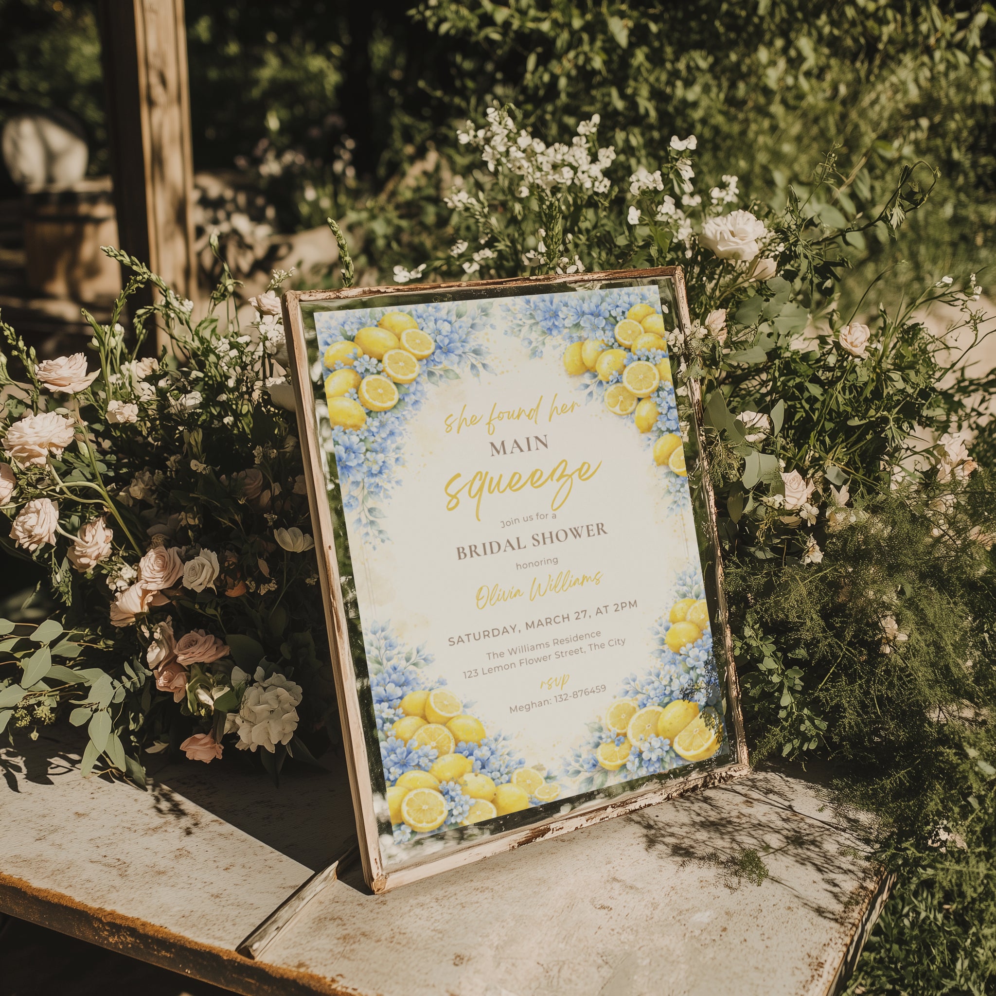 lemon bridal shower invitation with blue flowers and “main squeeze” text design