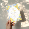 lemon bridal shower invitation with blue flowers and “main squeeze” text design