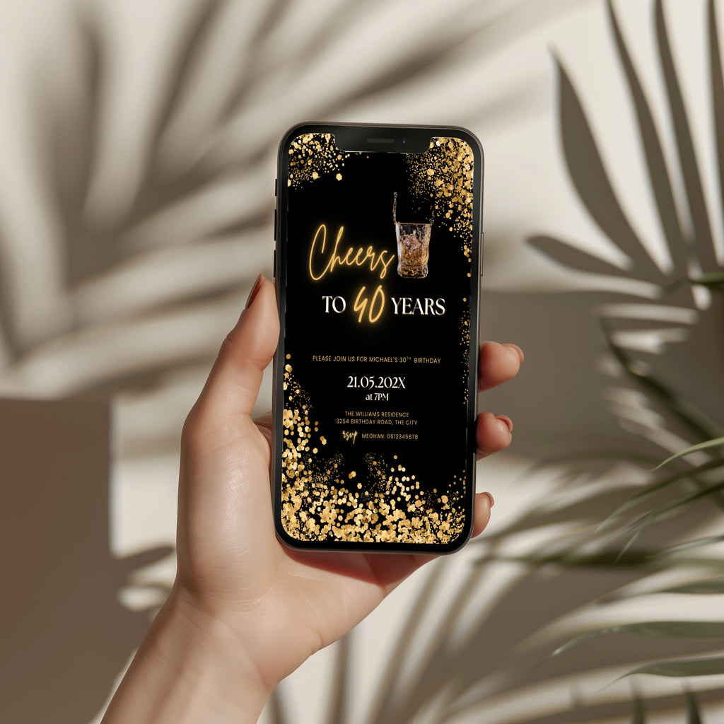 black and gold 40th birthday invitation with confetti, glowing text, and whiskey glass illustration