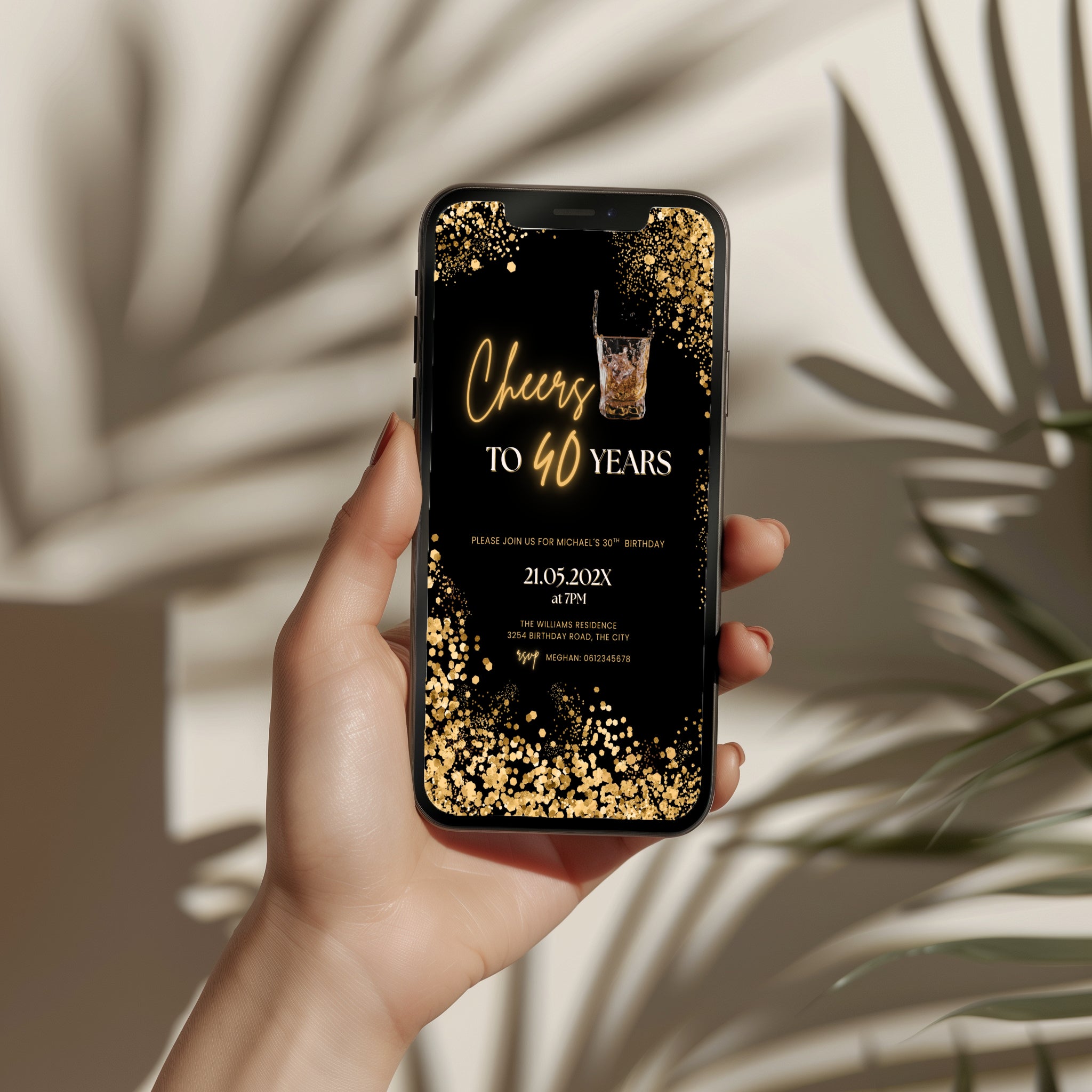 black and gold 40th birthday invitation with confetti, glowing text, and whiskey glass illustration