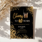 black and gold 40th birthday invitation with confetti, glowing text, and whiskey glass illustration
