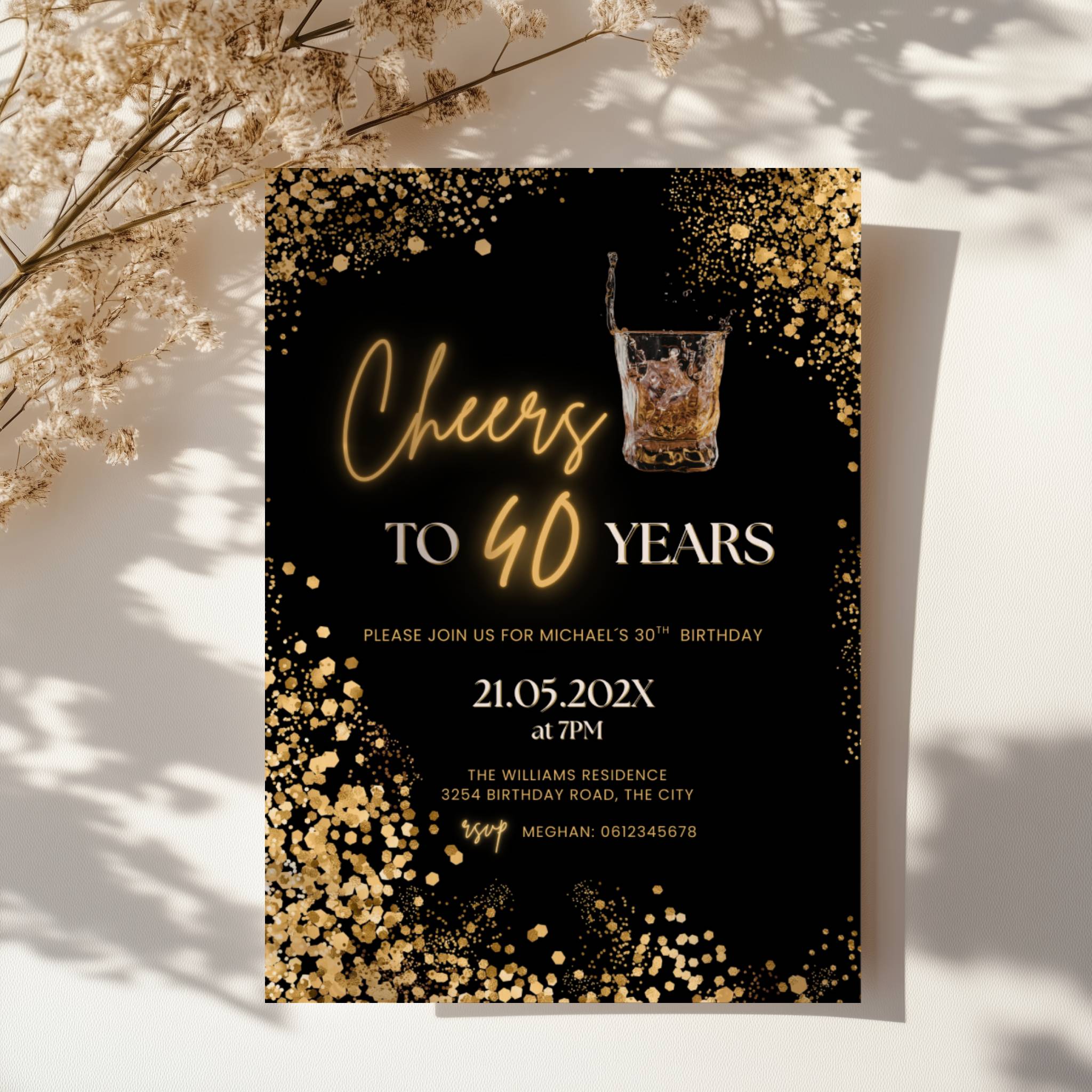 black and gold 40th birthday invitation with confetti, glowing text, and whiskey glass illustration