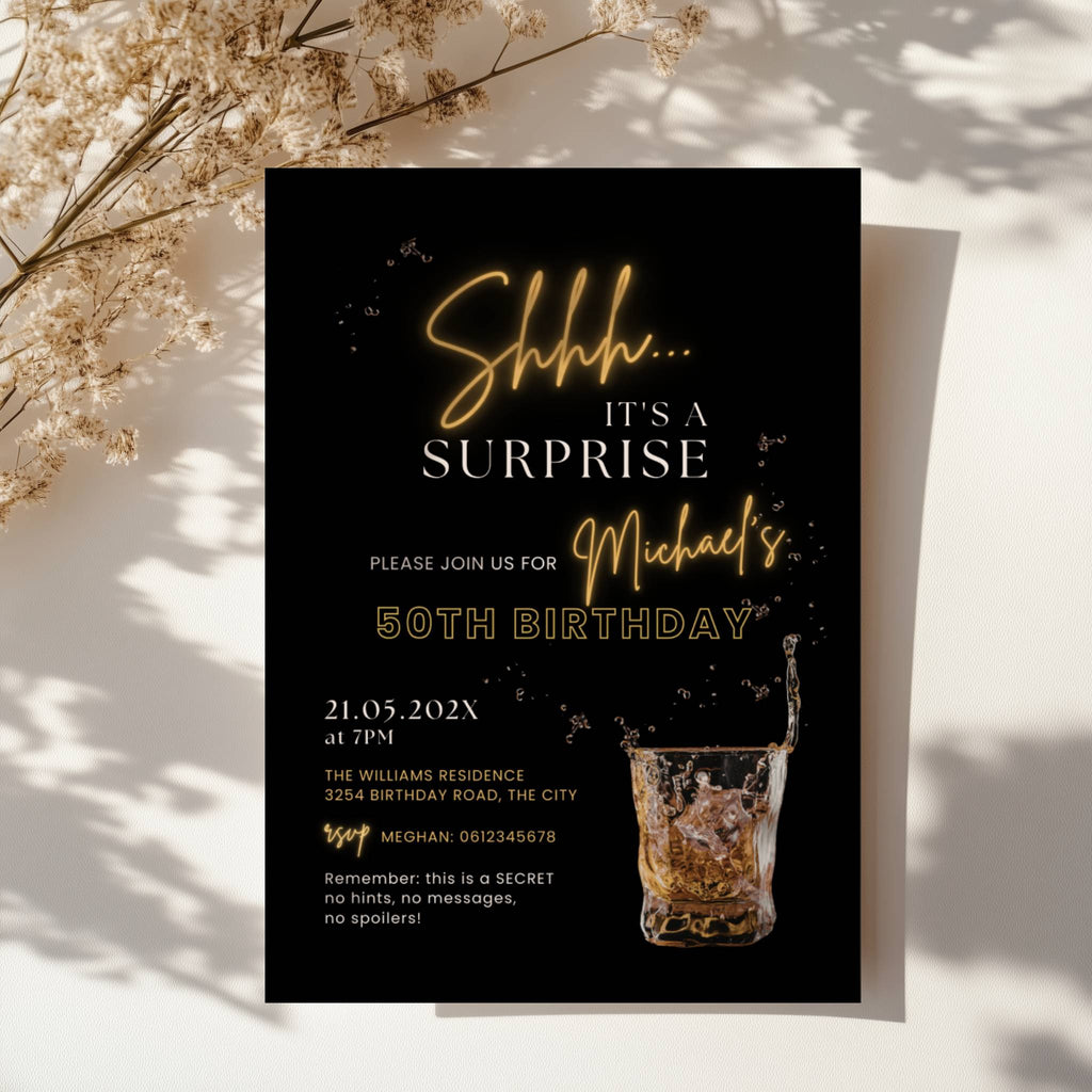 40th birthday invite, surprise birthday invitation, black gold party invite, milestone birthday invite, whiskey birthday invite, elegant birthday template, cocktail party invite