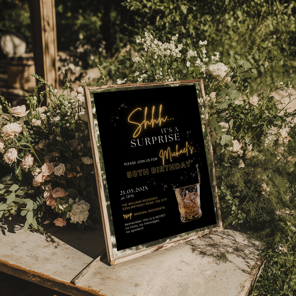 40th birthday invite, surprise birthday invitation, black gold party invite, milestone birthday invite, whiskey birthday invite, elegant birthday template, cocktail party invite