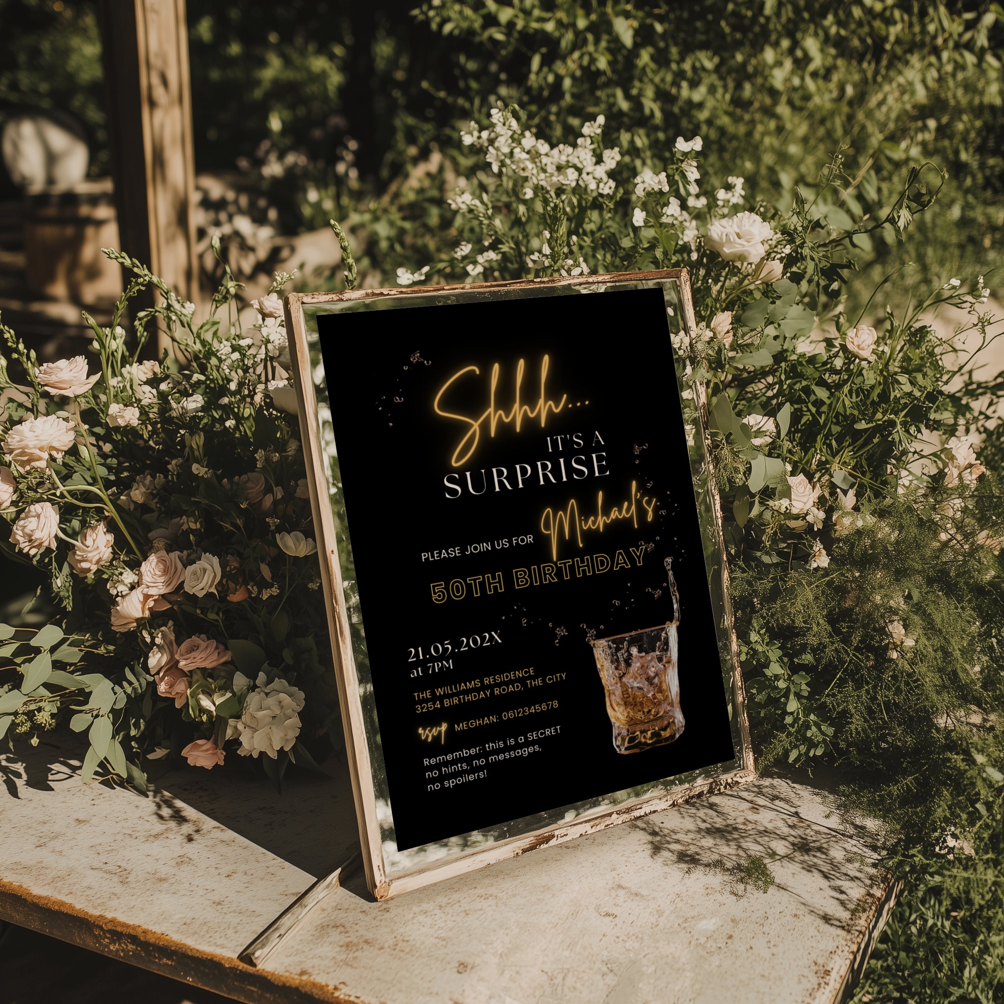 40th birthday invite, surprise birthday invitation, black gold party invite, milestone birthday invite, whiskey birthday invite, elegant birthday template, cocktail party invite